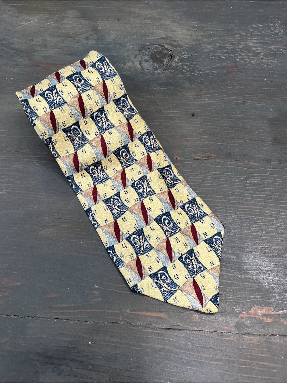 Vintage XMI Silk Tie Geometric Diamond Pattern Gold Navy Maroon